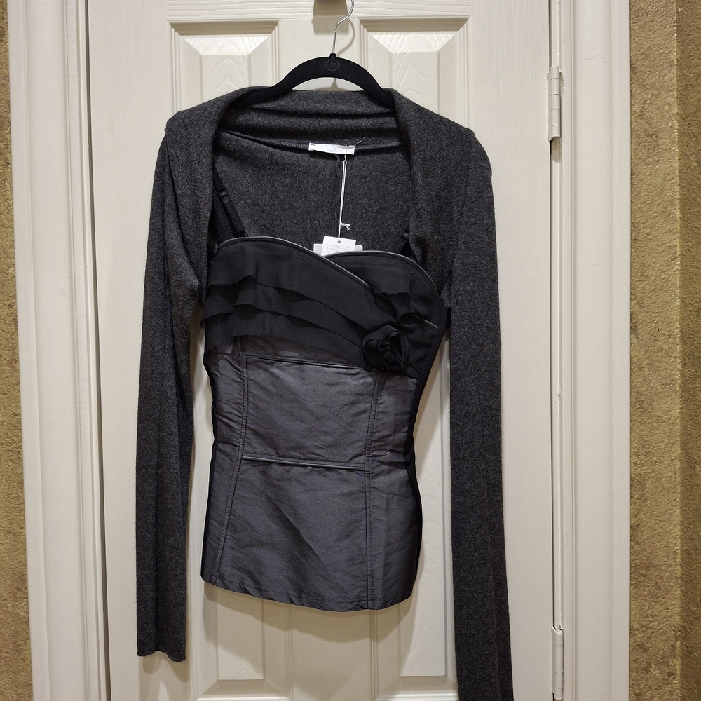 Italian Boutique Set, Gray and Black Strapless Top with Cardigan Sz 6